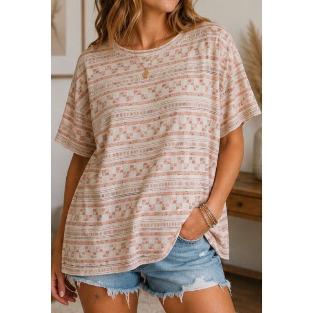 We The Free Geometric Stripe Tee Medium Oversized Boho Free People Top